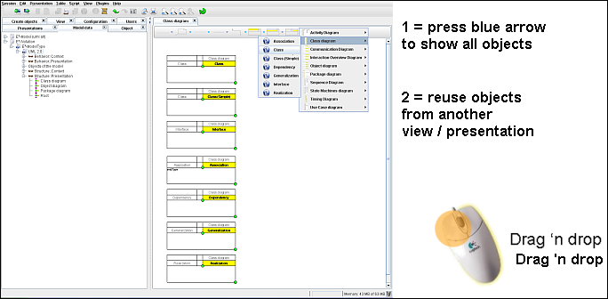 Create objects in the presentation panel by new object tab