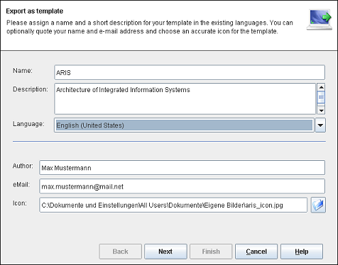 Specifying information on export as template