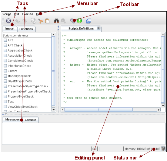 The user interface of the script editor
